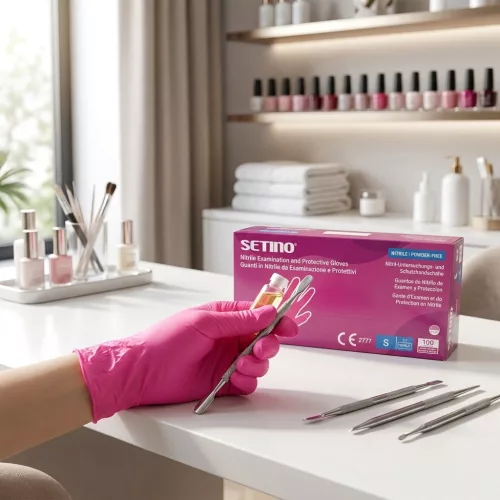 Setino rózsaszín púdermentes nitril vizsgálókesztyű 3,5 g