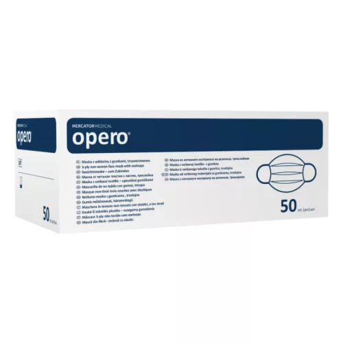 Opero sebészi maszk, gumis, háromrétegű, fehér, 50 db